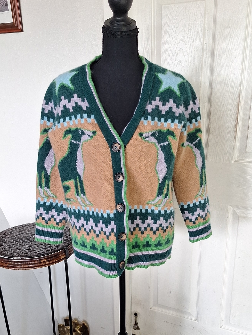 Boden Quinn Boyfriend Alpaca Wool/Cotton Green & Brown Long Line Cardigan Large